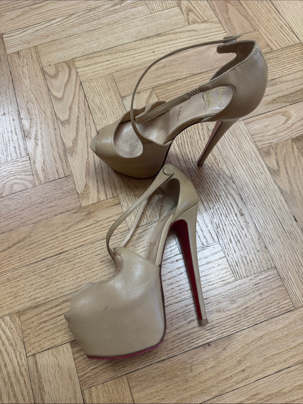 Christian Louboutin Nude Platform Peep-Toe Stiletto Pumps with Red Sole